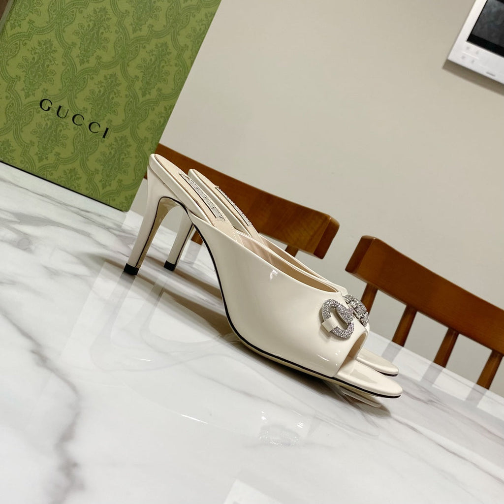 GUCCI 26S HORSEBIT HIGH-HEELED SANDALS 80 MM IN CREAM WHITE GLOSSY CALFSKIN