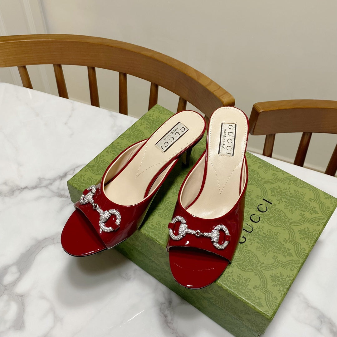 GUCCI 26S HORSEBIT HIGH-HEELED SANDALS 80 MM IN DARK RED GLOSSY CALFSKIN
