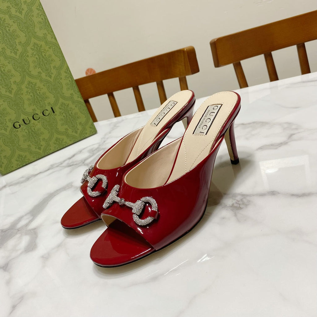 GUCCI 26S HORSEBIT HIGH-HEELED SANDALS 80 MM IN DARK RED GLOSSY CALFSKIN