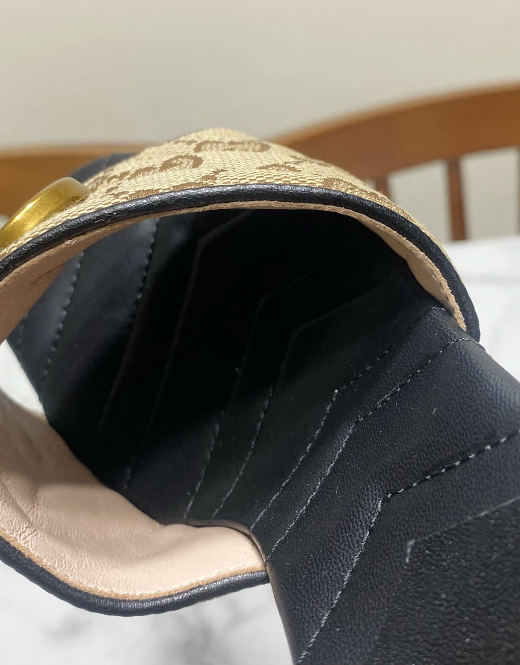 GUCCI 26S HEELED SLIDES 75 MM IN SAND BROWN CANVAS AND BLACK LAMBSKIN