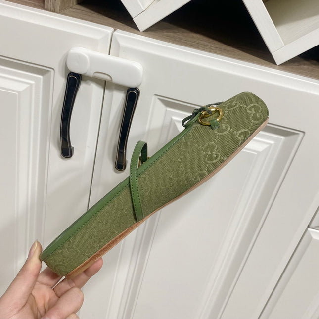 GUCCI 26S FLAT MULES IN GREEN CANVAS