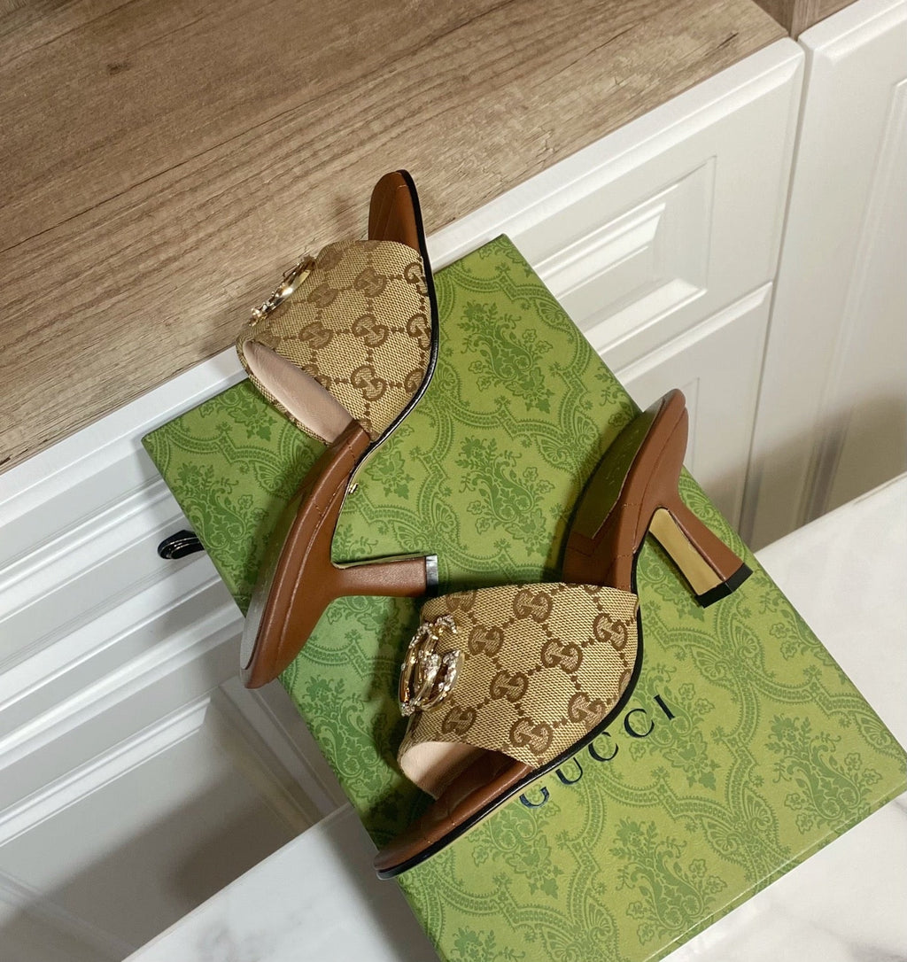 GUCCI 26S HEELED SLIDES 75 MM IN SAND BROWN CANVAS AND LAMBSKIN