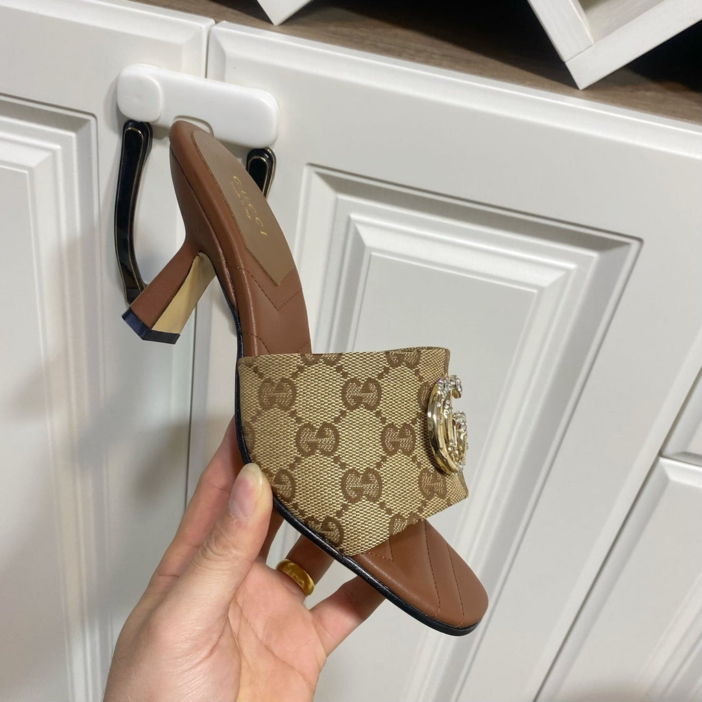 GUCCI 26S HEELED SLIDES 75 MM IN SAND BROWN CANVAS AND LAMBSKIN