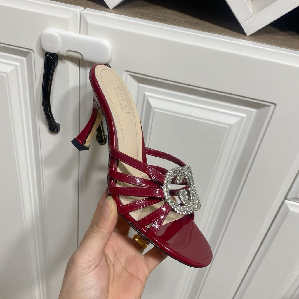GUCCI 26S HEELED SANDALS 85 MM IN DARK RED CALFSKIN WITH CRYSTAL