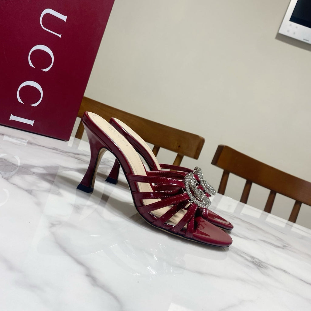 GUCCI 26S HEELED SANDALS 85 MM IN DARK RED CALFSKIN WITH CRYSTAL