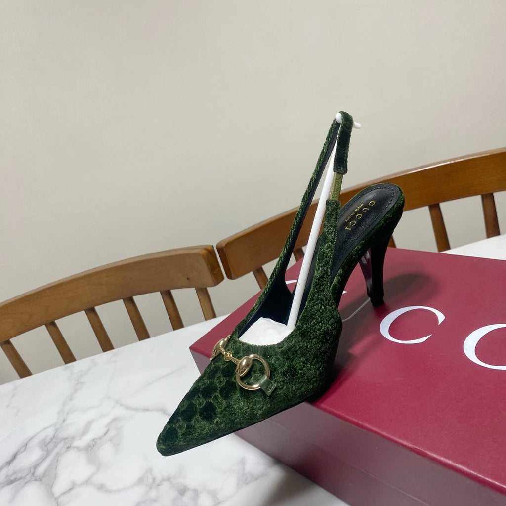 GUCCI 26S SLINGBACK HEELS 85 MM IN DARK GREEN VELVET