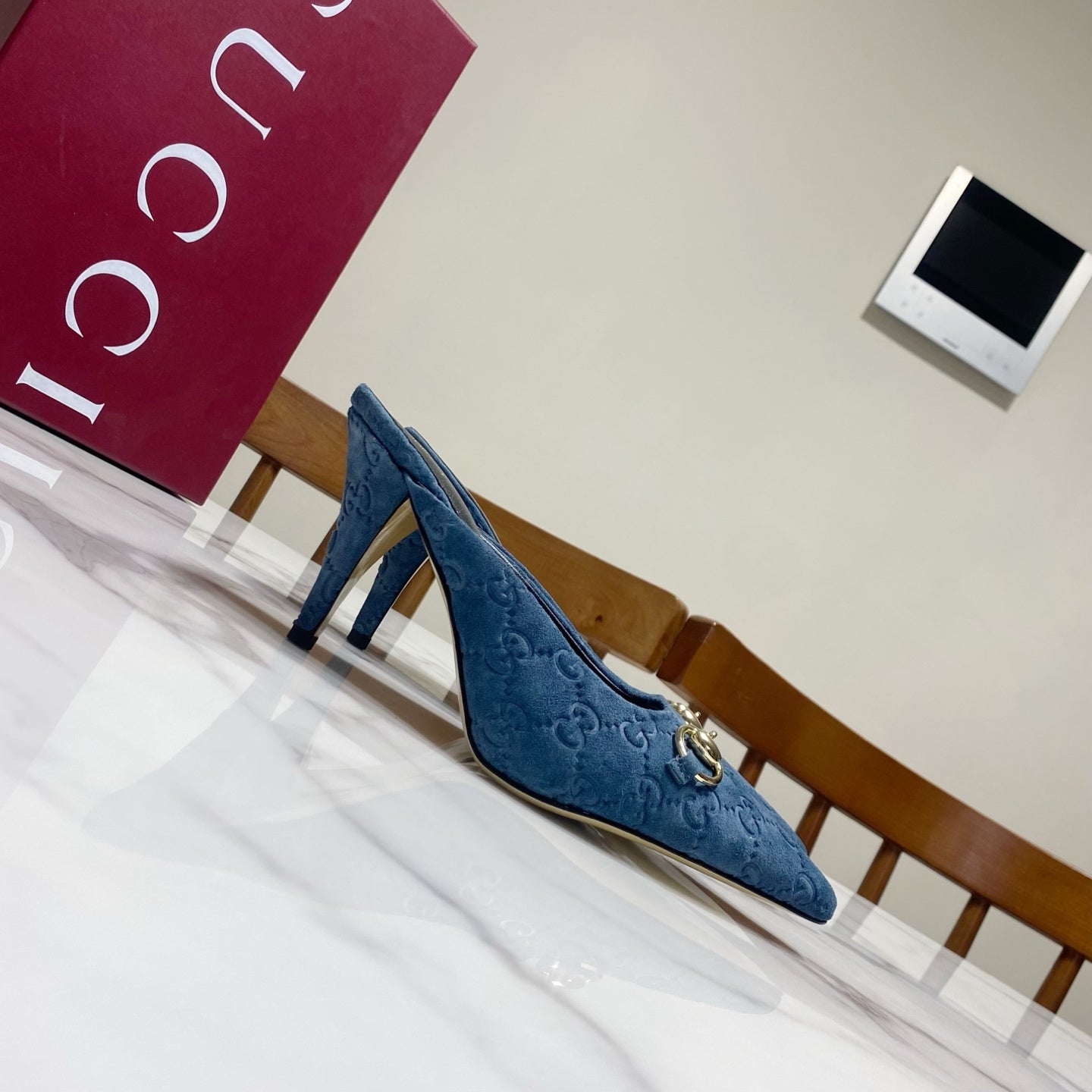 GUCCI 26S HEELED MULES 85 MM IN BLUE SUEDE