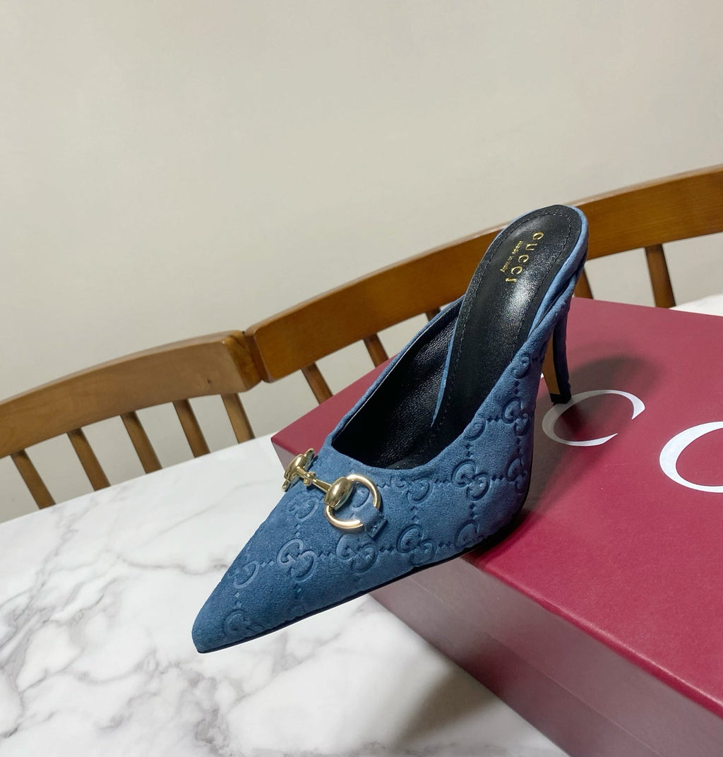 GUCCI 26S HEELED MULES 85 MM IN BLUE SUEDE
