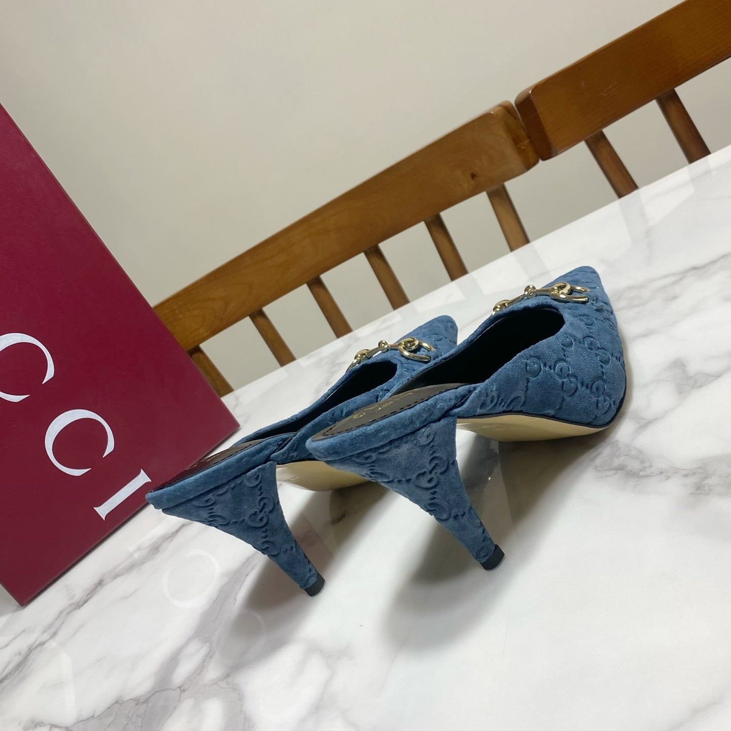 GUCCI 26S HEELED MULES 85 MM IN BLUE SUEDE