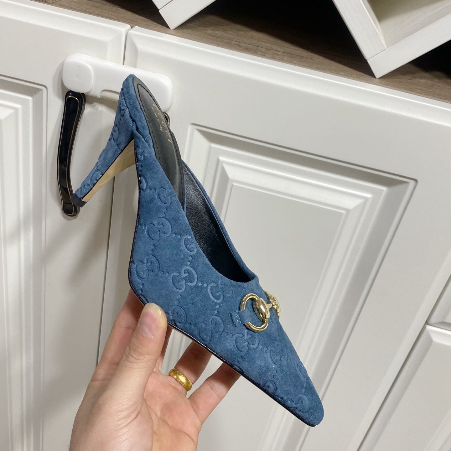 GUCCI 26S HEELED MULES 85 MM IN BLUE SUEDE