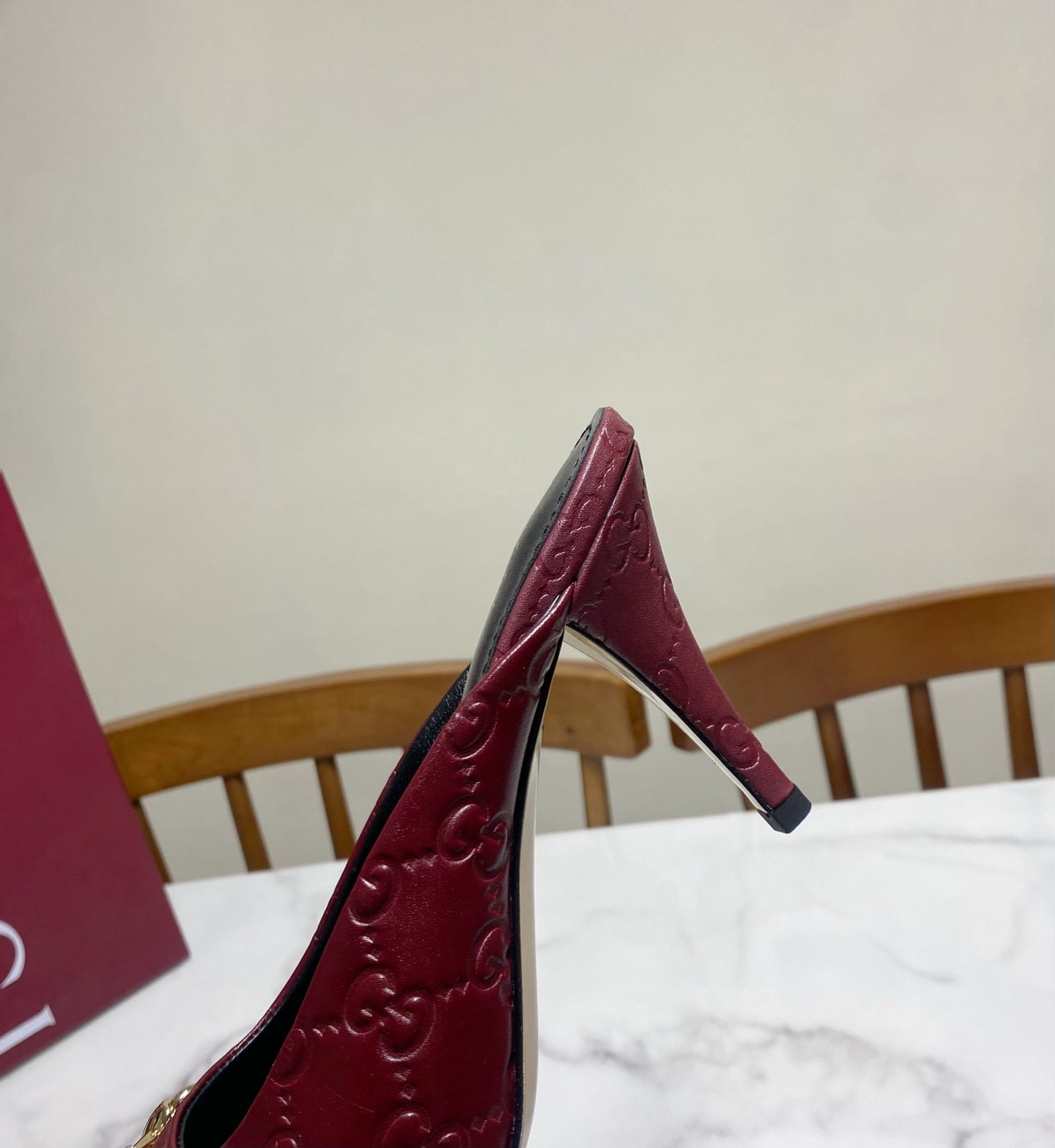 GUCCI 26S HEELED MULES 85 MM IN DARK RED CALFSKIN