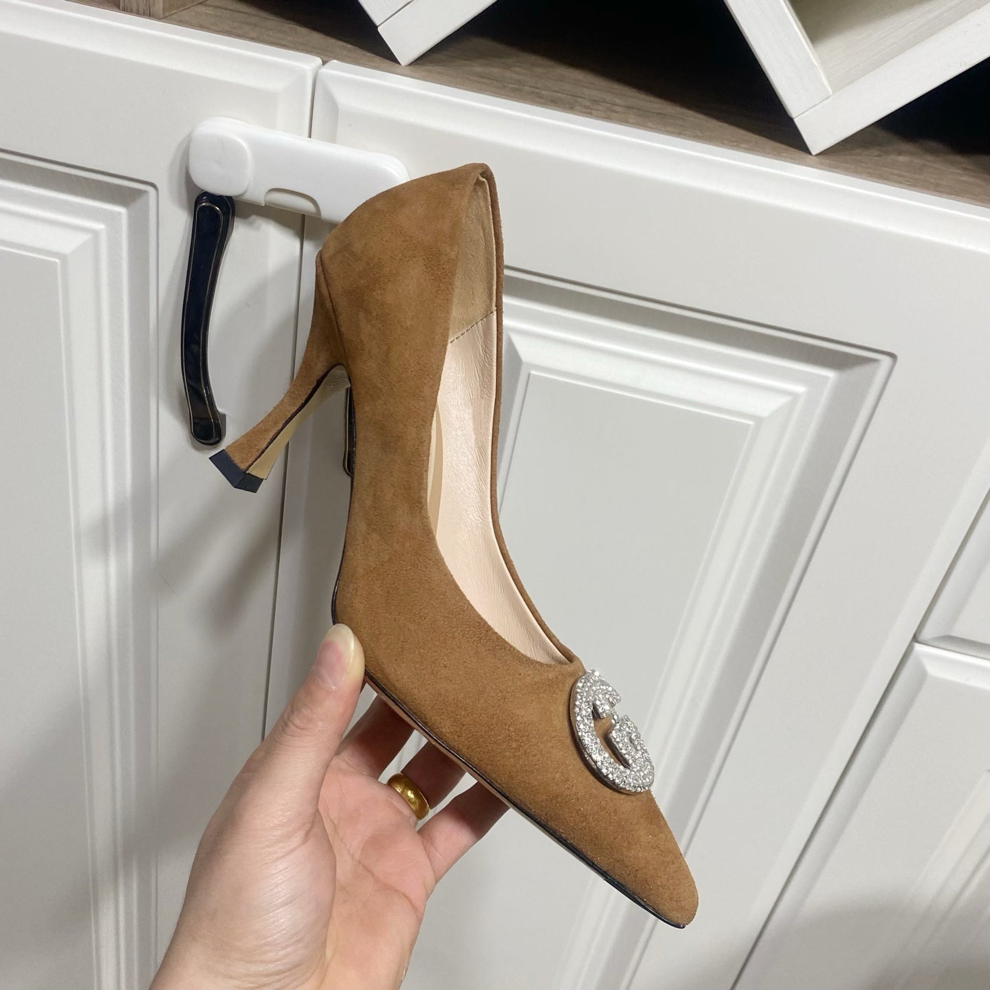 GUCCI 26S HIGH-HEELED SHOES 85 MM IN BROWN SUEDE WITH CRYSTAL