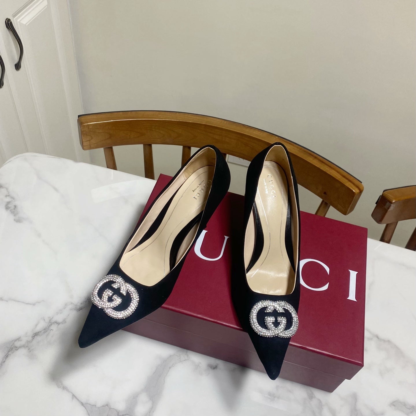 GUCCI 26S HIGH-HEELED SHOES 85 MM IN BLACK SUEDE WITH CRYSTAL