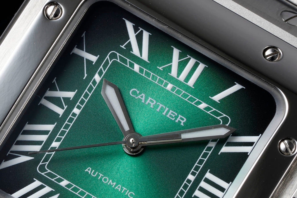 SANTOS MEDIUM MODEL DE CARTIER WATCH SILVER CASE WITH GREEN FOREST DIAL