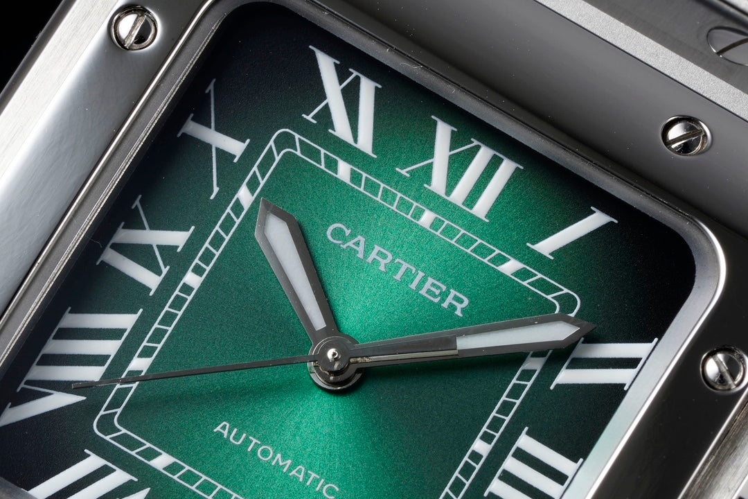 SANTOS MEDIUM MODEL DE CARTIER WATCH SILVER CASE WITH GREEN FOREST DIAL