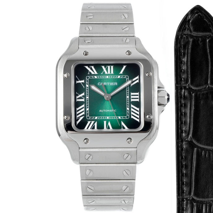 SANTOS MEDIUM MODEL DE CARTIER WATCH SILVER CASE WITH GREEN FOREST DIAL