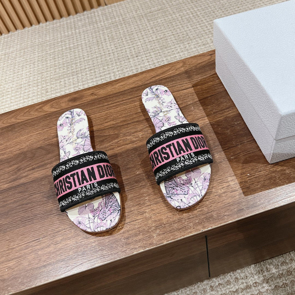 DIOR 26S SLIDE SANDALS IN PINK FLORAL PRINT LOGO STRAP
