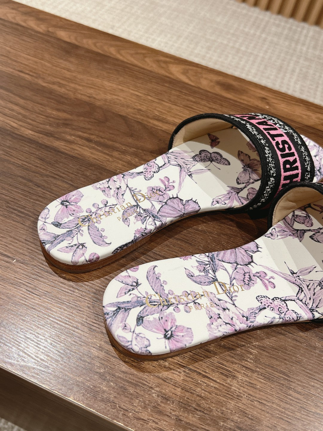 DIOR 26S SLIDE SANDALS IN PINK FLORAL PRINT LOGO STRAP
