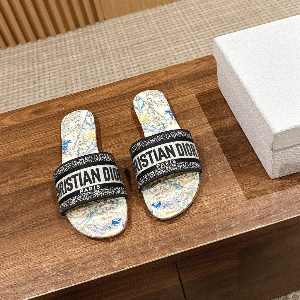 DIOR 26S SLIDE SANDALS IN MULTICOLOR FLORAL MAP PRINT LOGO STRAP