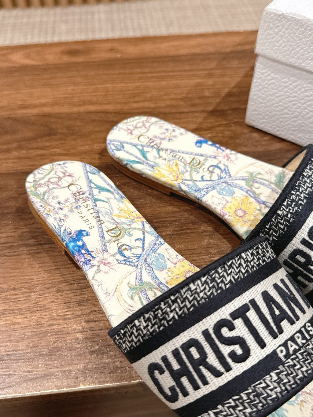 DIOR 26S SLIDE SANDALS IN MULTICOLOR FLORAL MAP PRINT LOGO STRAP
