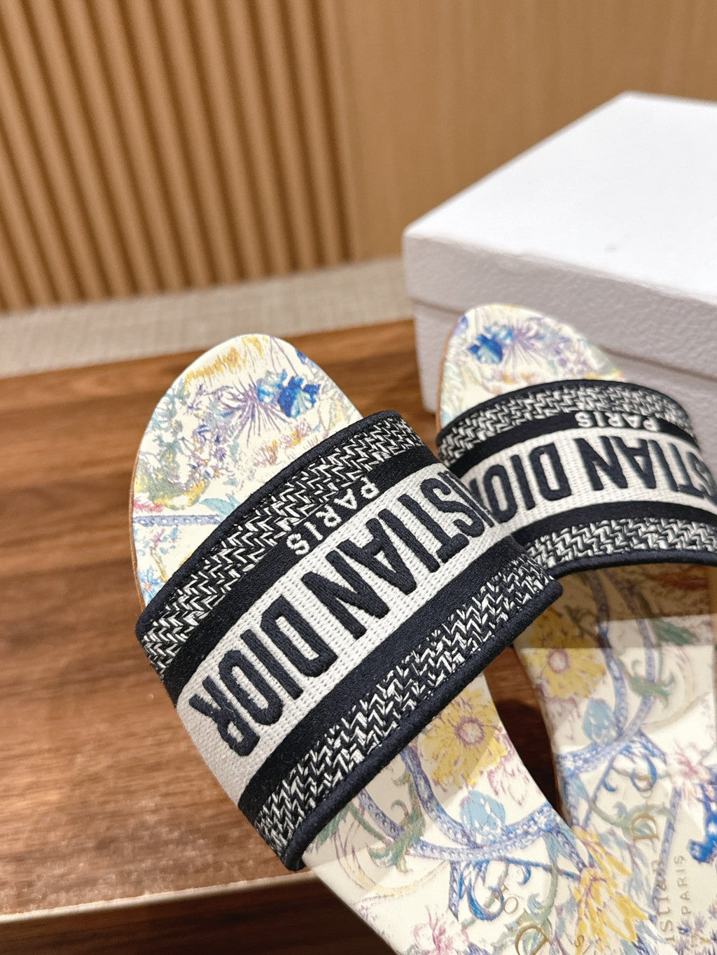 DIOR 26S SLIDE SANDALS IN MULTICOLOR FLORAL MAP PRINT LOGO STRAP