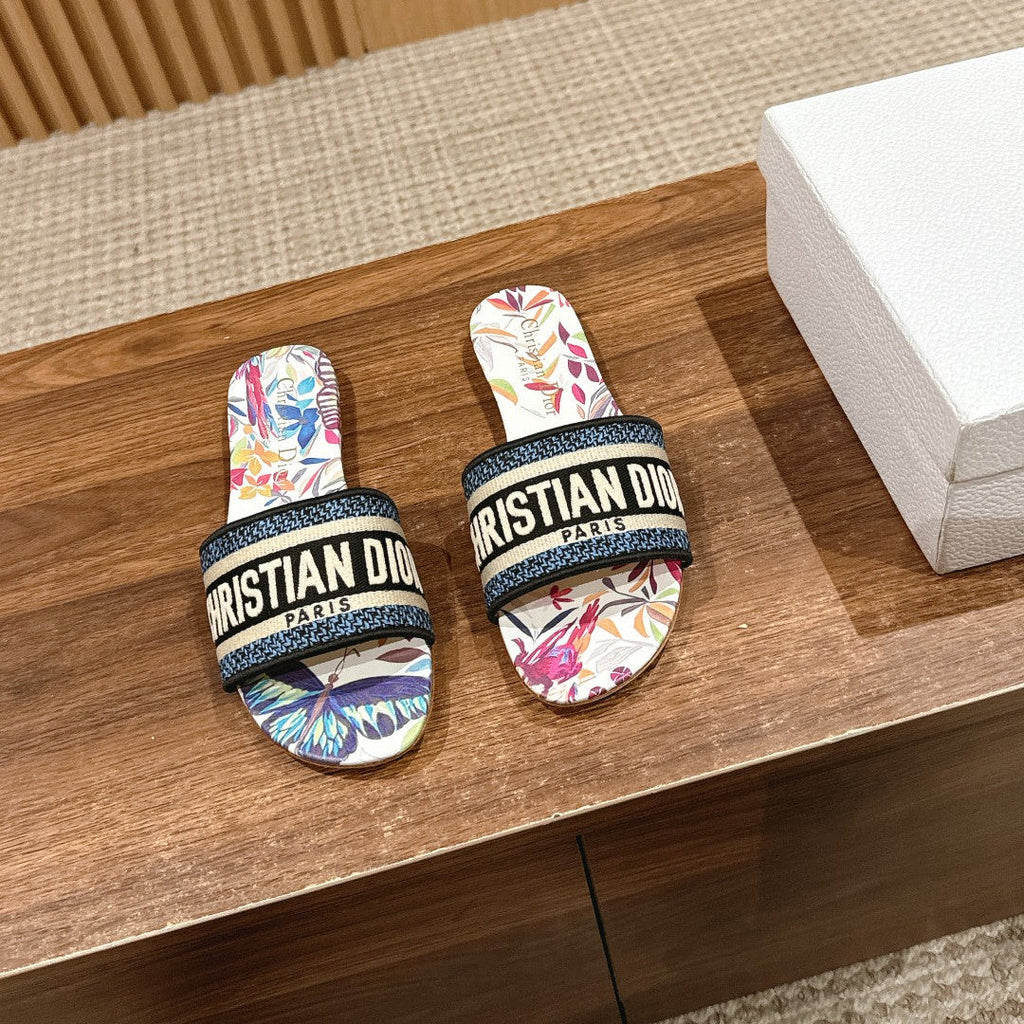 DIOR 26S SLIDE SANDALS IN MULTICOLOR BUTTERFLY PRINT LOGO STRAP