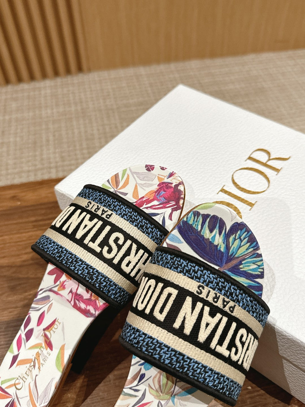 DIOR 26S SLIDE SANDALS IN MULTICOLOR BUTTERFLY PRINT LOGO STRAP