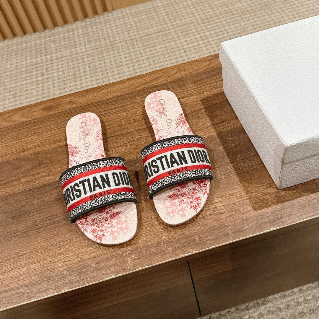 DIOR 26S SLIDE SANDALS IN RED TOILE PRINT LOGO STRAP
