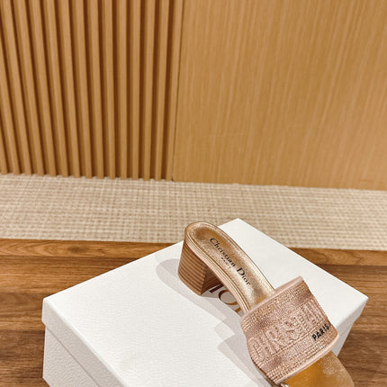 DIOR 26S D-CLUB EMBROIDERED HEELED SLIDES IN ROSE GOLD