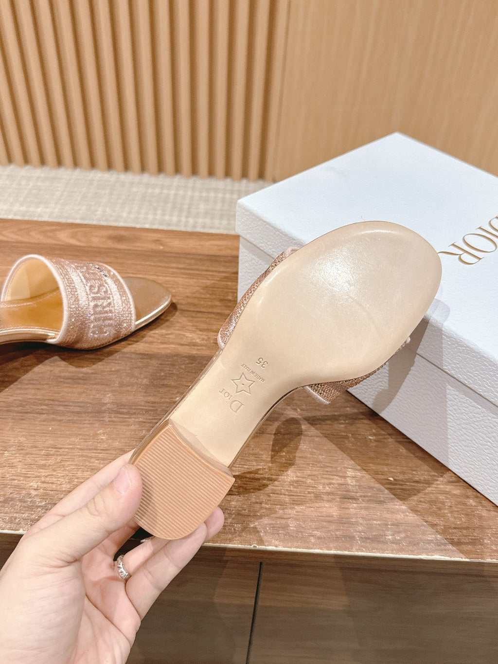 DIOR 26S D-CLUB EMBROIDERED HEELED SLIDES IN ROSE GOLD