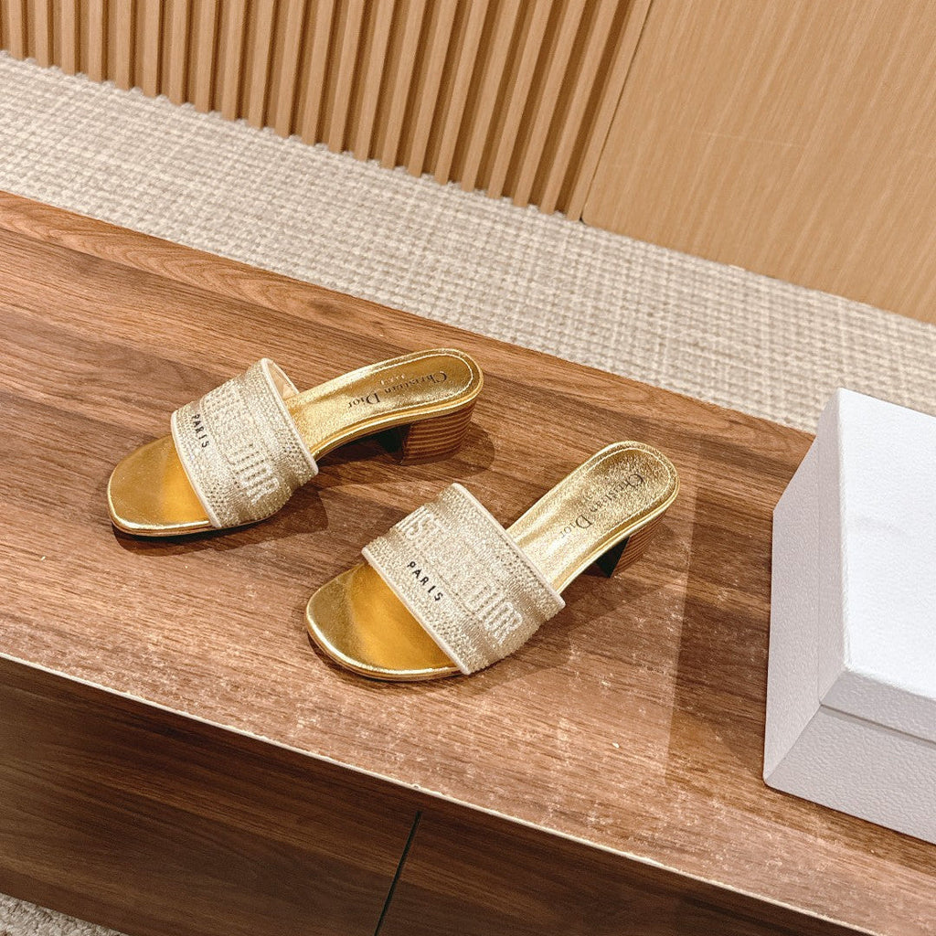 DIOR 26S D-CLUB EMBROIDERED HEELED SLIDES IN GOLD