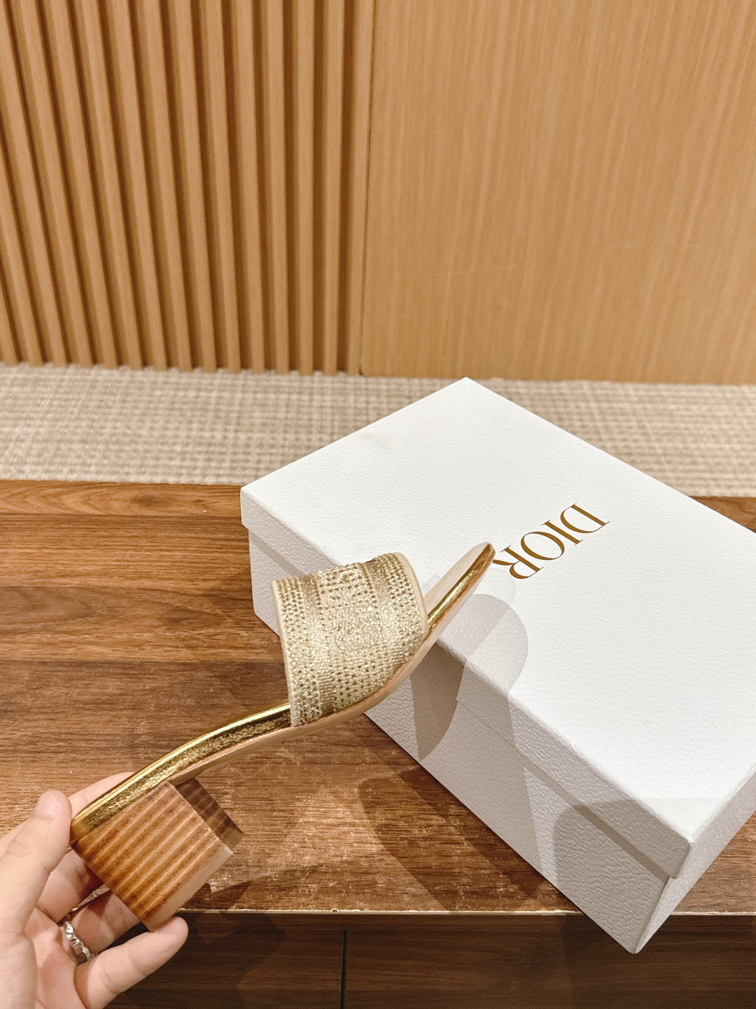 DIOR 26S D-CLUB EMBROIDERED HEELED SLIDES IN GOLD