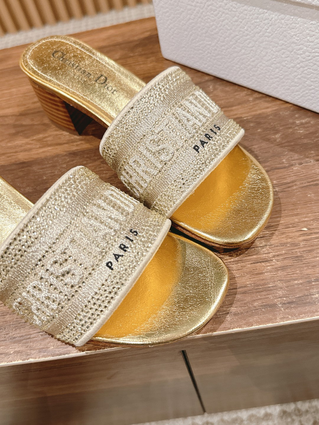 DIOR 26S D-CLUB EMBROIDERED HEELED SLIDES IN GOLD