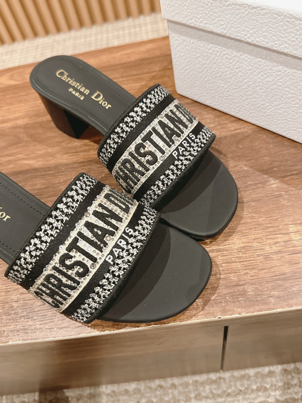 DIOR 26S D-CLUB EMBROIDERED HEELED SLIDES IN BLACK
