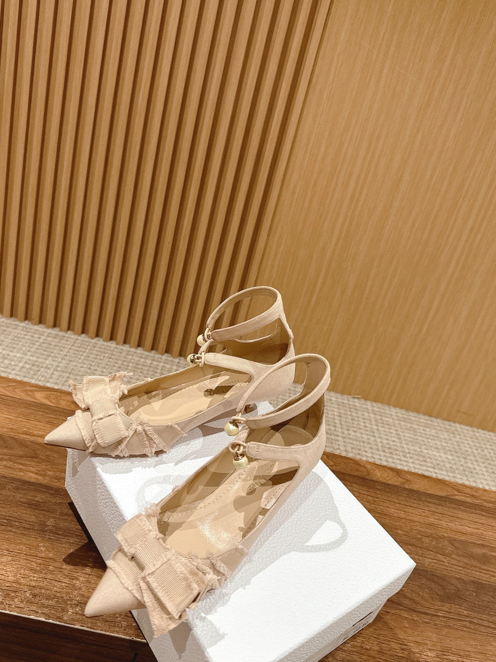 DIOR ADIORABLE HIGH HEEL 25S IN LIGHT BEIGE FABRIC WITH PEARL DETAILING