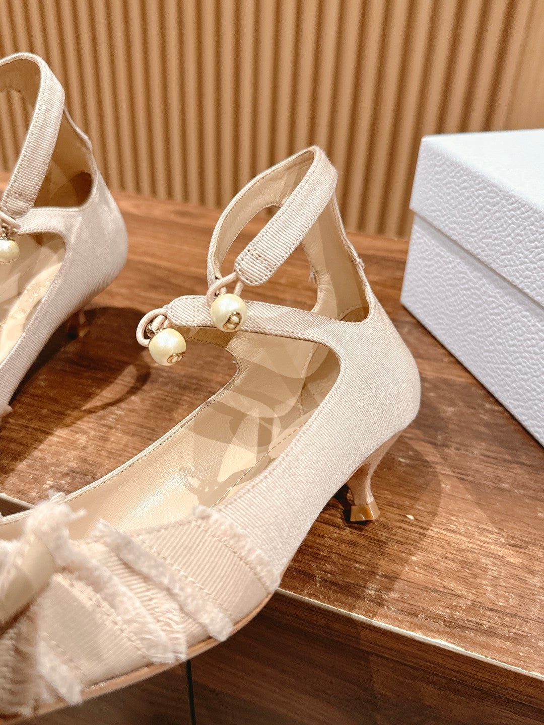 DIOR ADIORABLE HIGH HEEL 25S IN LIGHT BEIGE FABRIC WITH PEARL DETAILING
