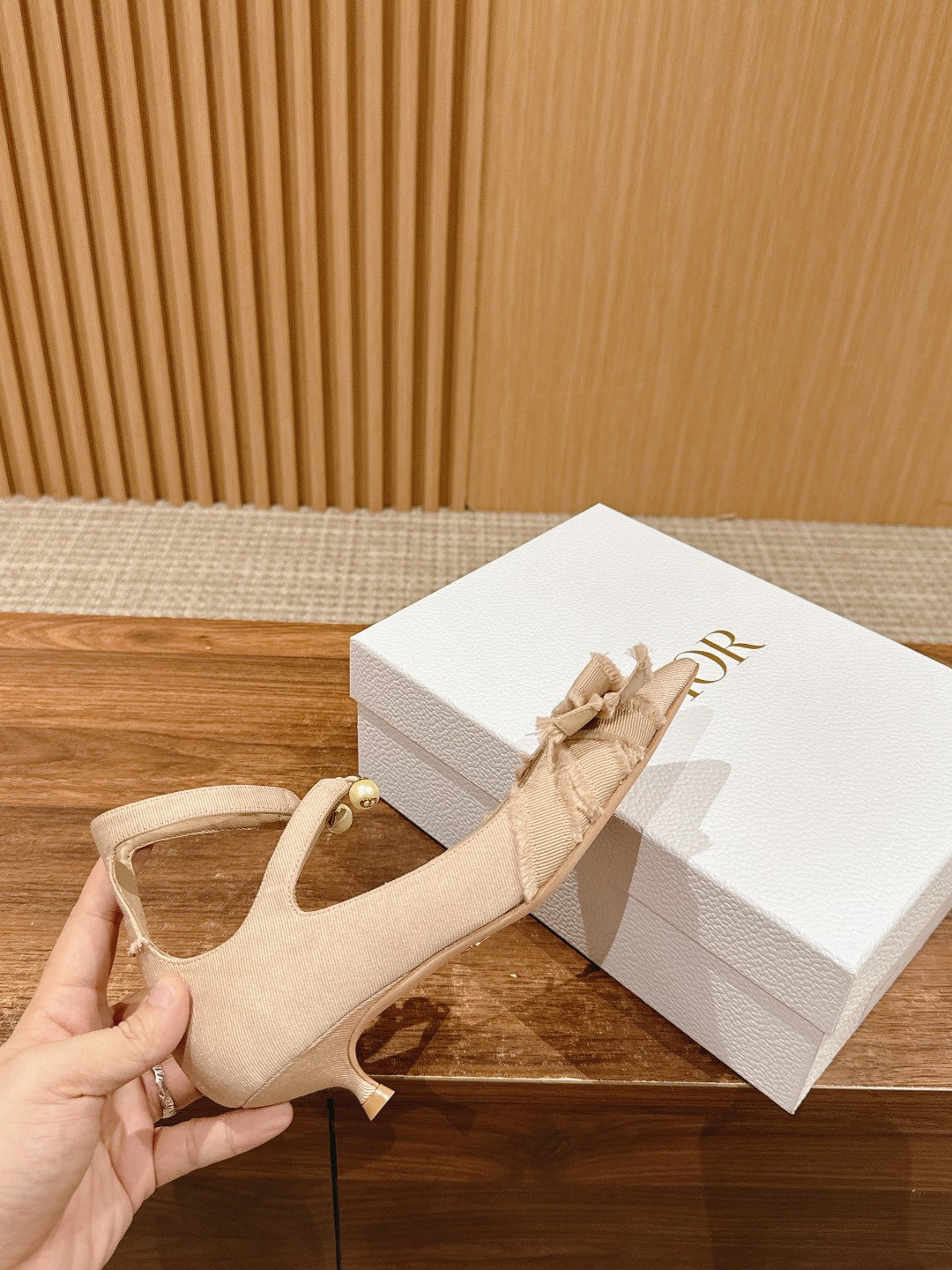DIOR ADIORABLE HIGH HEEL 25S IN LIGHT BEIGE FABRIC WITH PEARL DETAILING