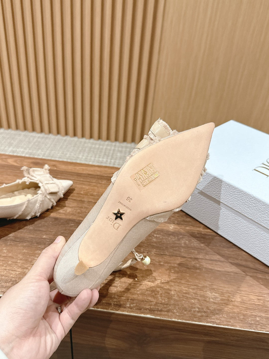 DIOR ADIORABLE HIGH HEEL 25S IN LIGHT BEIGE FABRIC WITH PEARL DETAILING