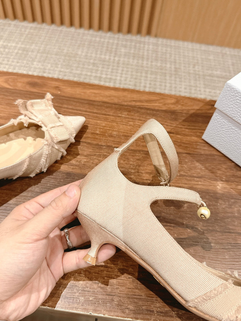 DIOR ADIORABLE HIGH HEEL 25S IN LIGHT BEIGE FABRIC WITH PEARL DETAILING