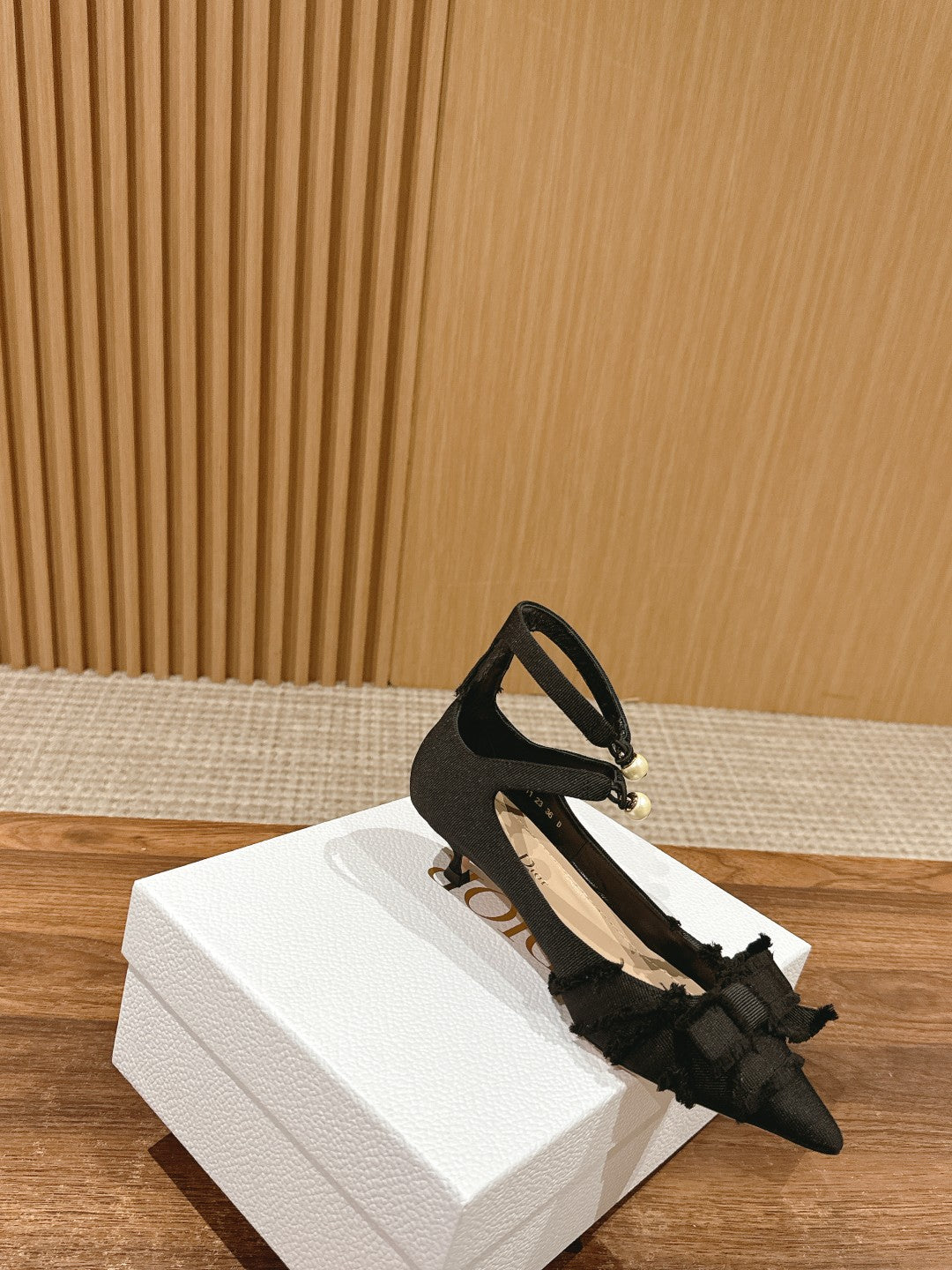 DIOR ADIORABLE HIGH HEEL 25S IN BLACK FABRIC WITH PEARL DETAILING