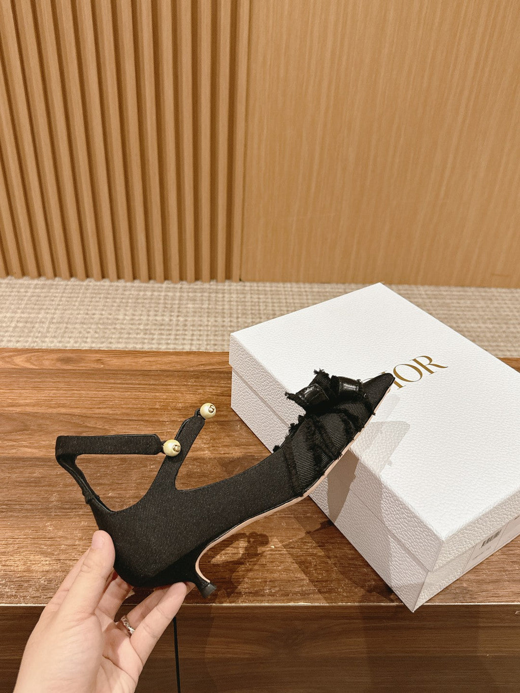 DIOR ADIORABLE HIGH HEEL 25S IN BLACK FABRIC WITH PEARL DETAILING