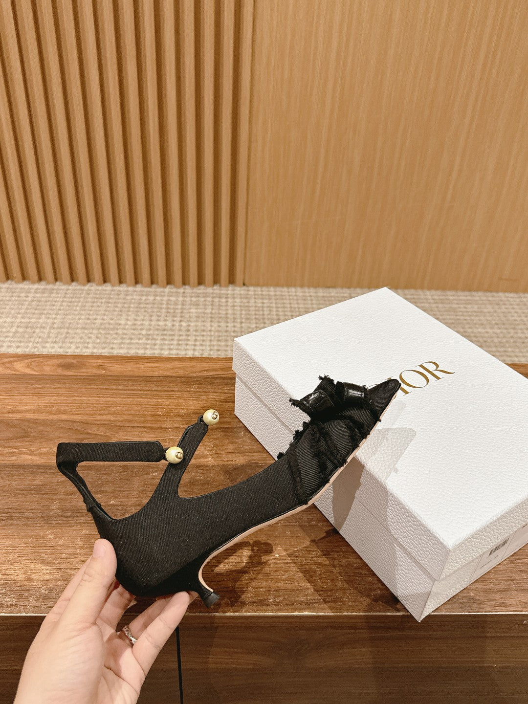 DIOR ADIORABLE HIGH HEEL 25S IN BLACK FABRIC WITH PEARL DETAILING