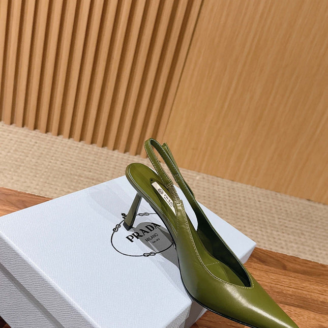 PRADA 26S SLINGBACK PUMPS IN OLIVE GREEN CALFSKIN