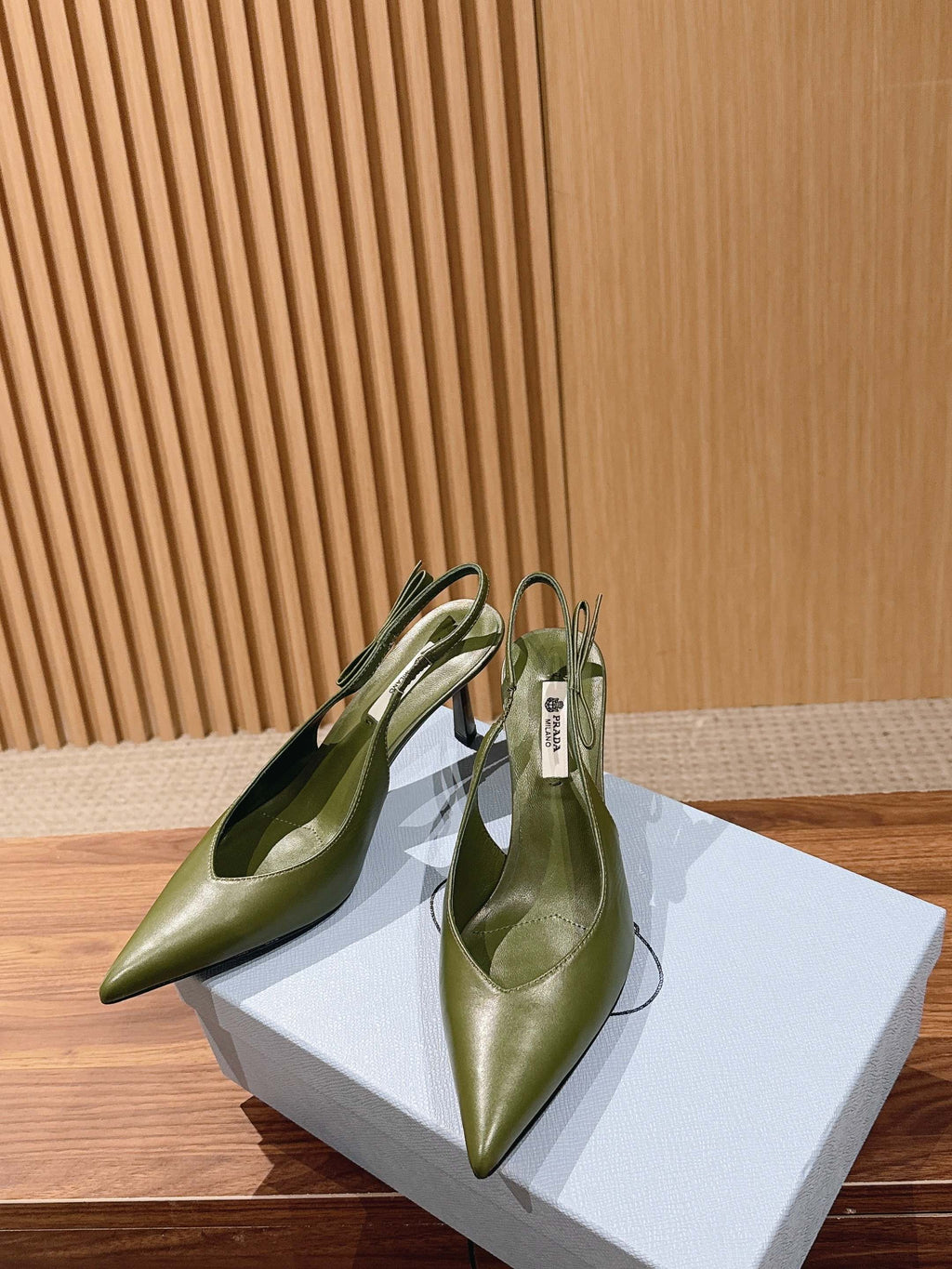 PRADA 26S SLINGBACK PUMPS IN OLIVE GREEN CALFSKIN