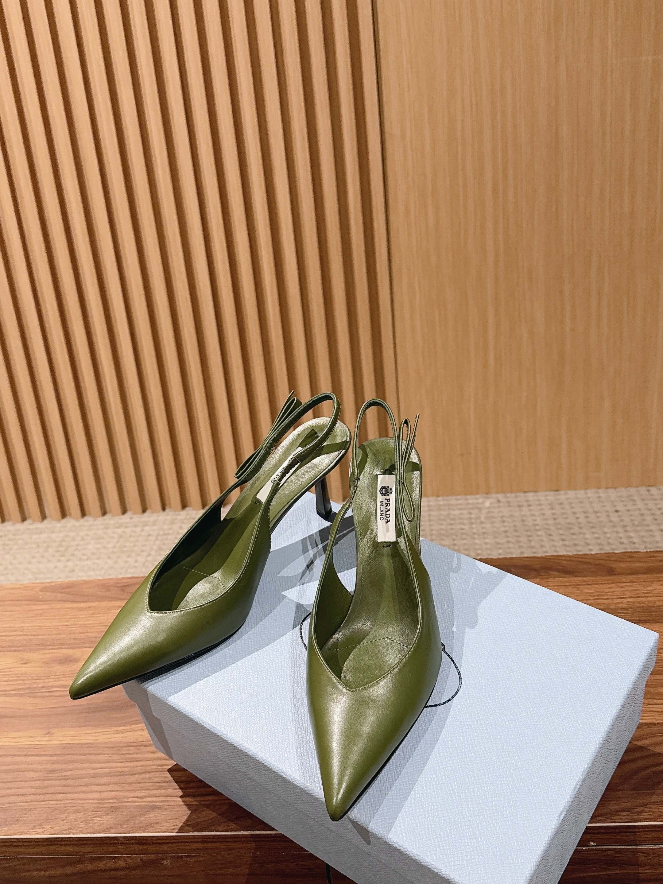 PRADA 26S SLINGBACK PUMPS IN OLIVE GREEN CALFSKIN
