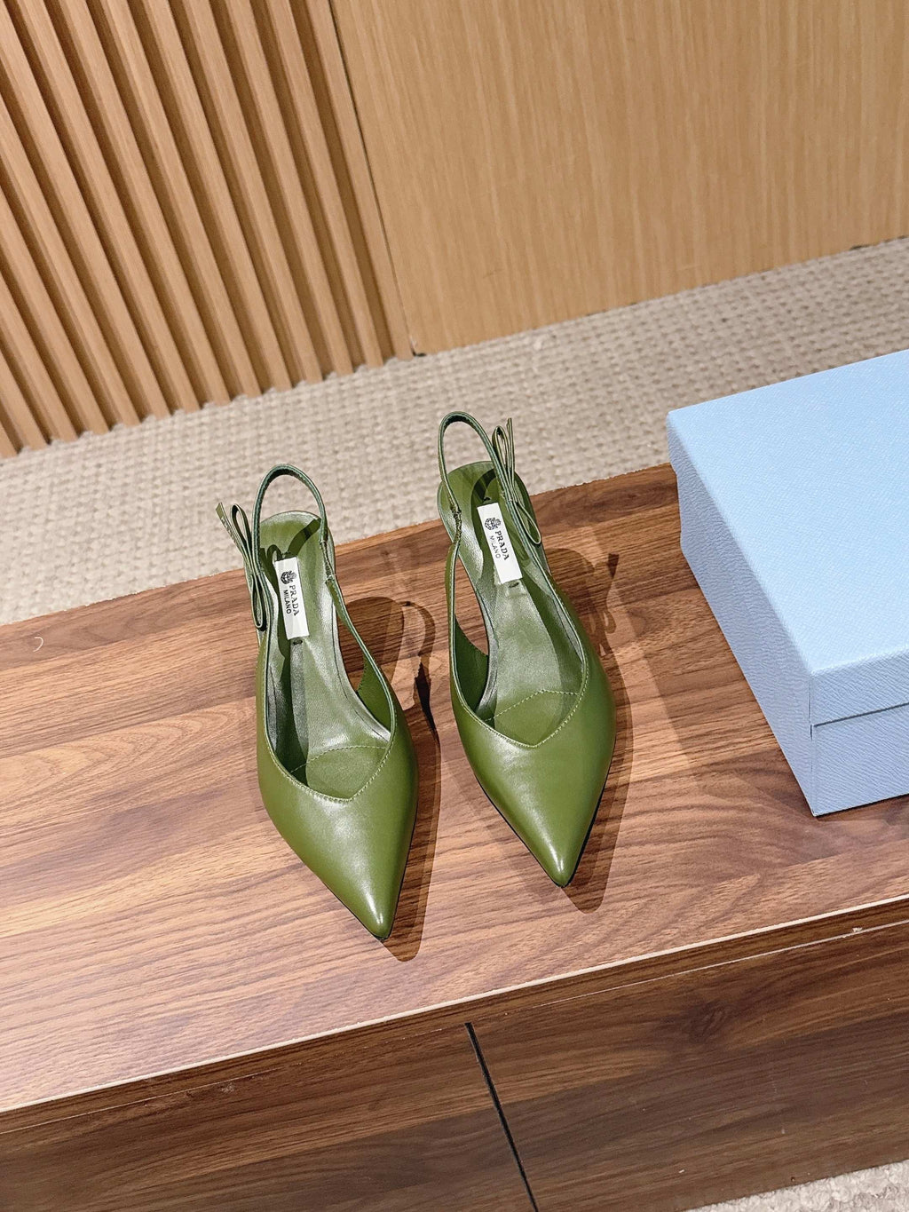 PRADA 26S SLINGBACK PUMPS IN OLIVE GREEN CALFSKIN