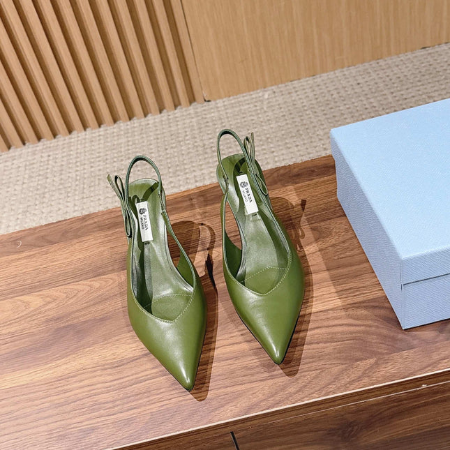 PRADA 26S SLINGBACK PUMPS IN OLIVE GREEN CALFSKIN