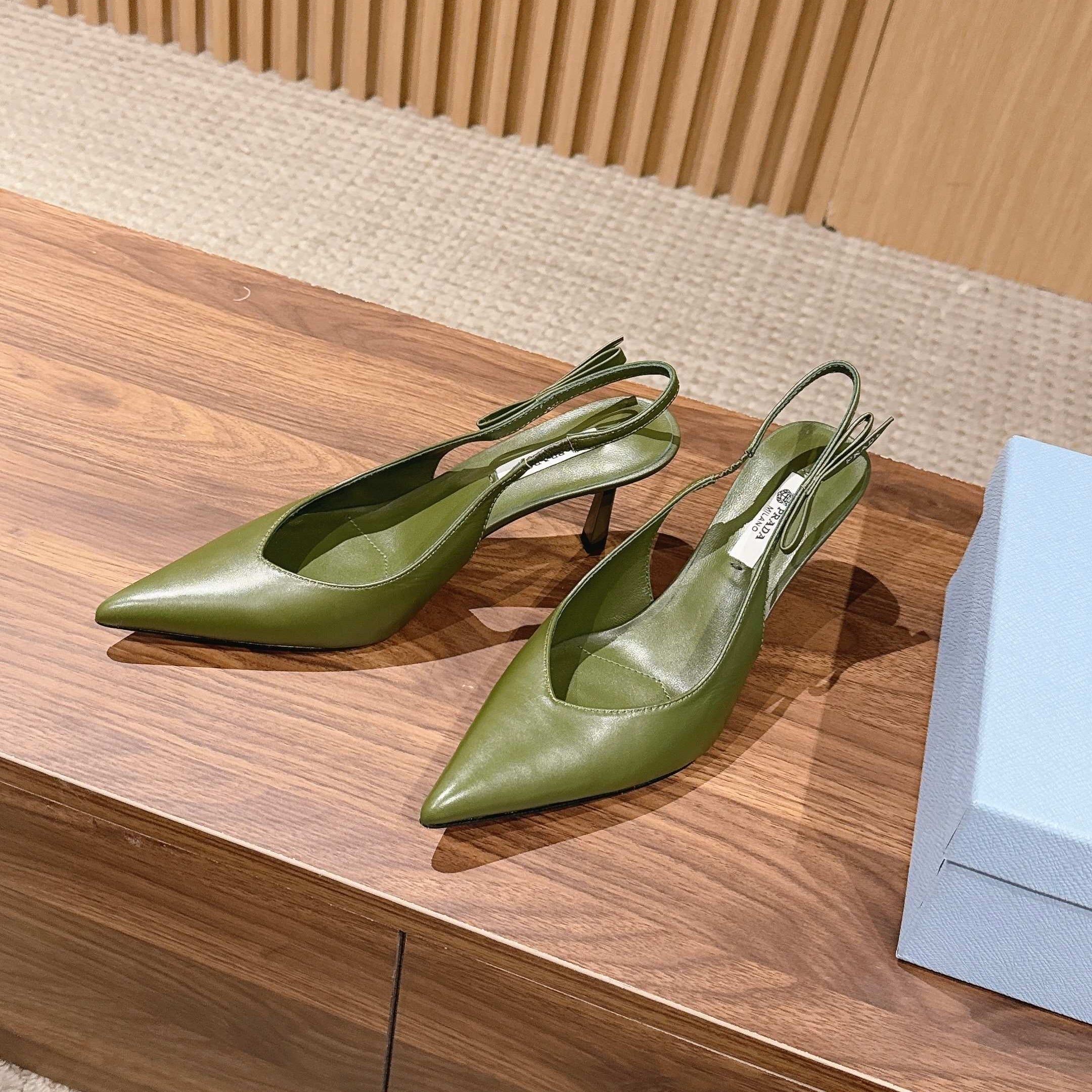 PRADA 26S SLINGBACK PUMPS IN OLIVE GREEN CALFSKIN