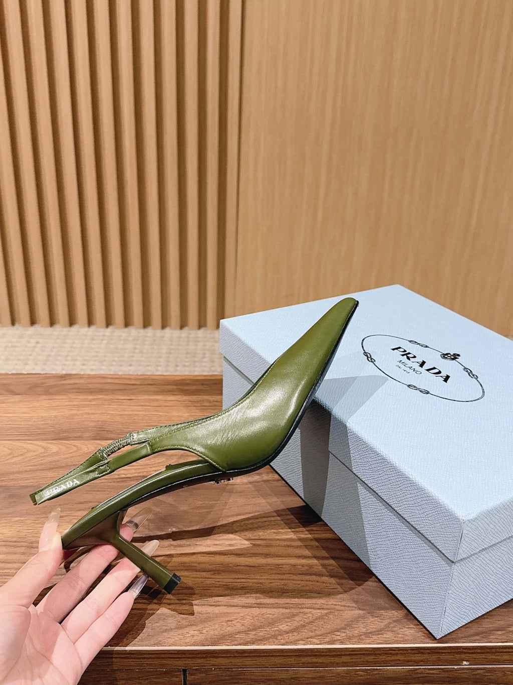 PRADA 26S SLINGBACK PUMPS IN OLIVE GREEN CALFSKIN