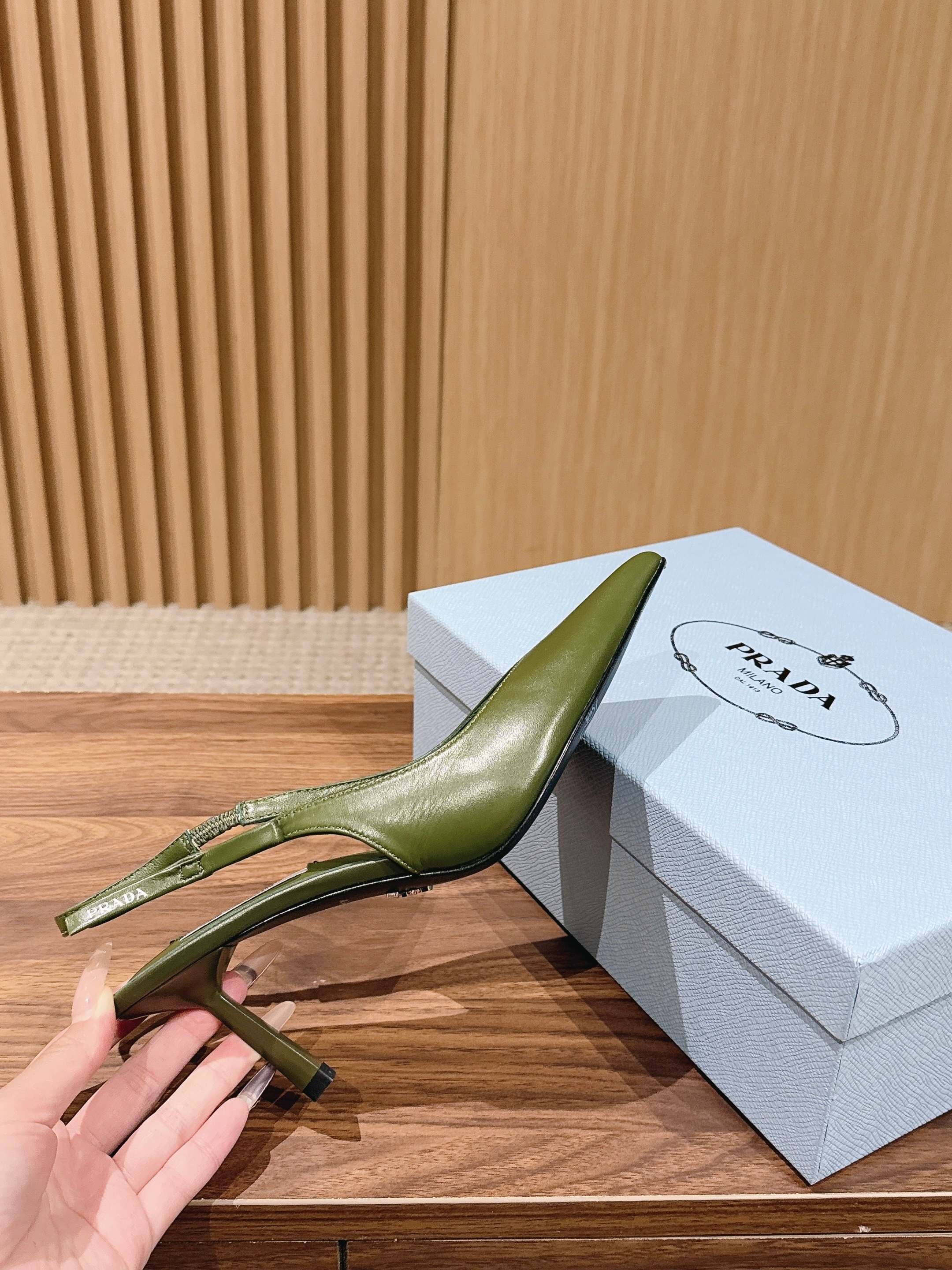 PRADA 26S SLINGBACK PUMPS IN OLIVE GREEN CALFSKIN